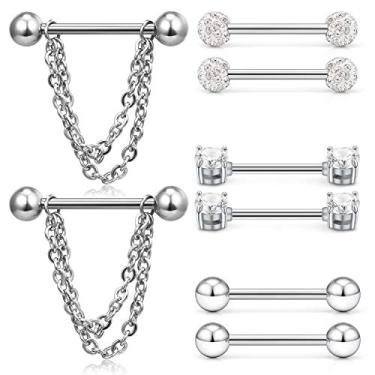 Imagem de SCERRRING Anéis de mamilo 14 g de aço inoxidável para mamilos e barra de língua para retentor, joia de piercing corporal para mulheres, homens, coração, CZ, 4-8 pares
