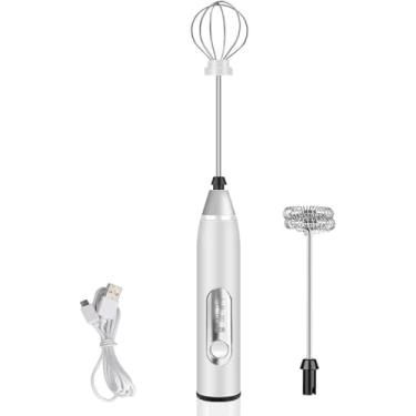 Imagem de Mini Mixer Com Fuê Recarregável Sem Fio Prático Misturador Portátil Elétrico Para Bebidas E Ovos Com Cabo USB Compacto Leve Espumador Para Cozinha Haste Inox 3 Velocidades (Branco)