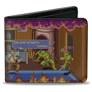 Imagem de Nickelodeon Carteira dobrável com dobra dupla padrão e compartimentos para cartão, Tartarugas Ninja Mutantes Adolescentes Batalha Rocksteady Arcade Scene, couro vegano, Marrom, 4.0" x 3.5", Casual