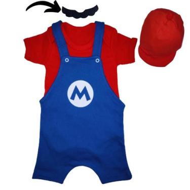 Imagem de kit fantasia jardineiraira mario e luigi kit 4pç mesversario 100 algod