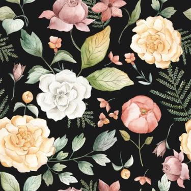 Imagem de VaryFloral Papel de parede preto floral peônia descasque e cole papel de parede colorido botânico folha verde removível decorativo floral escuro papel de contato 30,5 x 299,7 cm autoadesivo capa de