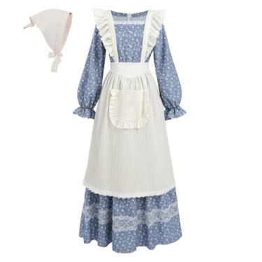 Imagem de LTAKK Vestido colonial feminino fantasia pioneira pradaria vestidos peregrinos com lenço de cabeça e pinafore, azul branco floral, pequeno