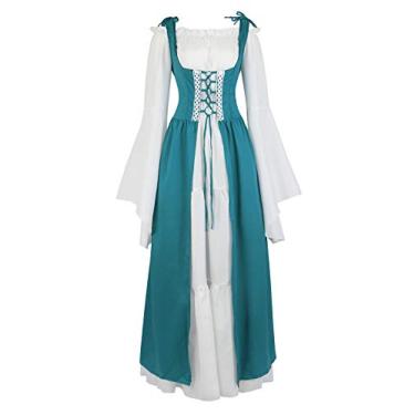 Imagem de Parlsdy Fantasia feminina renascentista cosplay medieval irlandesa sobre vestido e chemise boho vestido gótico de cintura alta, Azul marinho, M