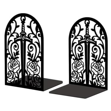 Imagem de Peacoblue Suporte de rolha de metal para prateleiras decorativas, 13,5 x 11 x 20 cm, moderno, criativo, resistente, para prateleira de mesa, 1 par (espada com videira e rosa)