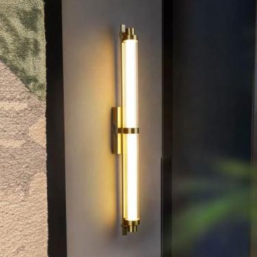 Imagem de Luminária de parede LED linear moderna, arandela de vidro de tubo longo minimalista, luminária de parede criativa de aço inoxidável em dourado/preto, luz de penteadeira de banheiro de 70 cm/