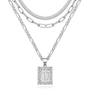 Imagem de KissYan Conjunto de colar em camadas de ouro para meninas, colar com pingente de letra inicial folheada a ouro 14K Gargantilha de cobra Alfabetos de corrente A-Z Fígaro corrente colar joias presente, Latão, Zircônia cúbica