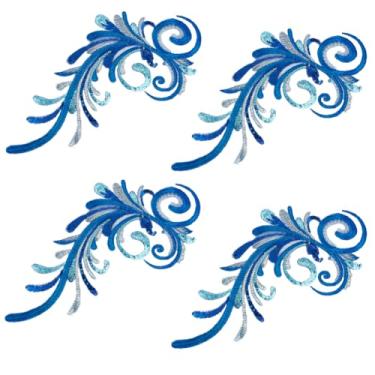 Imagem de GOMAKERER 2 pares de apliques de tecido de renda bordada com lantejoulas, bordados azuis, apliques costurados em apliques para vestido de casamento, roupas, chapéu, jeans, aplique de costura, 14 x 33