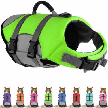 Imagem de Mklhgty Colete salva-vidas para cães, refletivo e ajustável com alça de resgate para natação e passeios de barco, preservador de vida Ripstop para cães pequenos, médios e grandes, verde