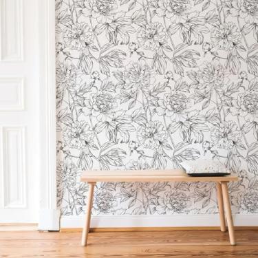Imagem de Simon&Siff Papel de parede linear floral preto branco descascar e colar papel de parede 43.9 cm x 609.6 cm esboço flores papel de parede removível para quarto banheiro paredes armários prateleiras
