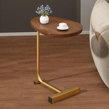 Imagem de Mesa Lateral Em Forma De C, Mesa De Apoio, Mesas Laterais De Quarto, Mesa De Apoio De Sofá, Mesa Lateral De Sofá Que Desliza Sob O Sofá-cama, Montagem Fácil, Walnut+gold, H-62cm/24.4in
