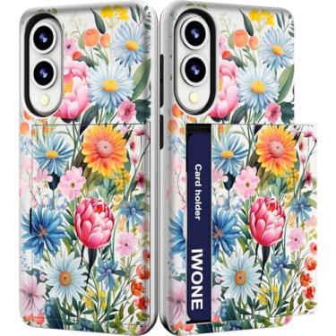 Imagem de IWONE Capa para celular compatível com Samsung Galaxy S25 Edge fofa com suporte para cartão/carteira à prova de choque para mulheres - flores azuis rosa selvagem paisley peônia floral adorável