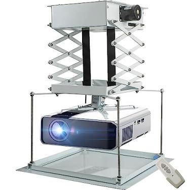 Imagem de CGOLDENWALL Suporte para projetor elétrico de 100 cm, suporte para projetor, controle remoto para escola de cinema, igreja, com motores duplos e tela de projetor de 7,87 polegadas - Carga máxima 20