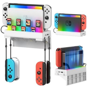 Imagem de Kit de montagem de parede RGB Switch para Nintendo Switch e OLED, suporte para console de switch dock, acessórios para switch com 7 modos de luz, 7 compartimentos para cartão, 4 ganchos Joy Con, 2 portas USB, atrás da TV, Branca de Neve