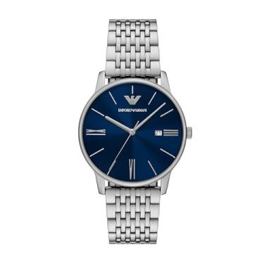 Imagem de Emporio Armani Relógio masculino de três ponteiros com pulseira de aço inoxidável ou couro; relógio social masculino, Prata/azul, 39MM, Minimalista