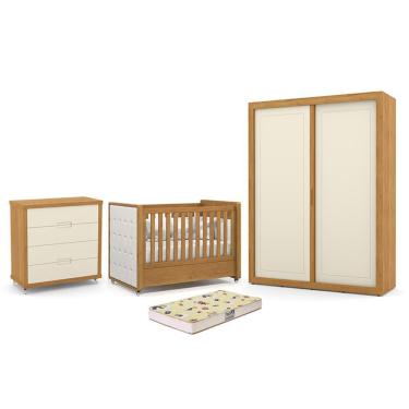 Imagem de Dormitório Tutto New 2 Portas, Cômoda 4 Gavetas e Berço com Capitonê e Colchão Supreme - Matic Móveis Freijó/Off White