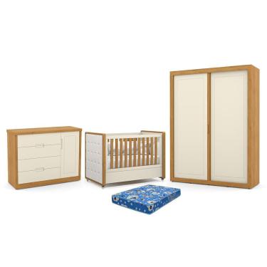 Imagem de Dormitório Tutto New 2 Portas, Cômoda 1 Porta e Berço com Capitonê e Colchão Physical - Matic Móveis Off White/Freijó