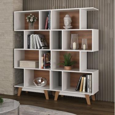 Imagem de Conjunto 2 Estantes Livreiro 4 Nichos Hecol Móveis Branco/Nogal