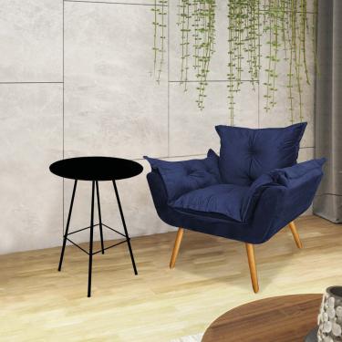 Imagem de Kit Poltrona Opala Com Mesa Ferro Preto Tampo Redondo Preto Suede Azul Marinho
