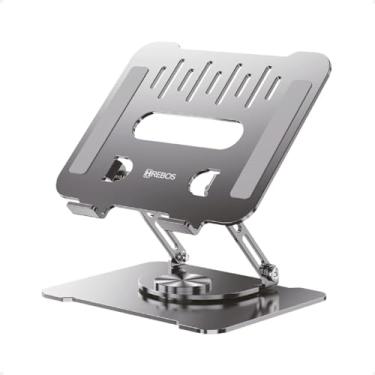 Imagem de Suporte para Notebook em Alumínio e Metal, Base Giratória 360°, Ajustável com Inclinação 180°, Acabamento Premium, Dobrável, Cor prata, Proteções em silicone anti-derrapante, universal