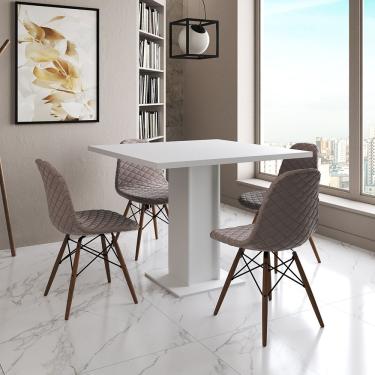 Imagem de Mesa Jantar Londres Quadrada Branca 90Cm 4 Cadeiras Eames Estofadas Nude Médio Madeira