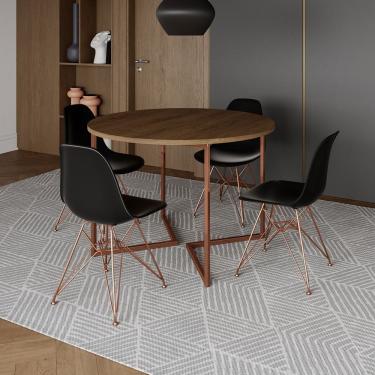 Imagem de Mesa Industrial Jantar Redonda Amêndoa 110Cm Base V Com 4 Cadeiras Eames Pretas Base Cobre Amendoa