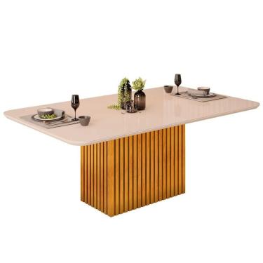 Imagem de Mesa De Sala Jantar Canes Com tampo Vidro Curvo 200x100cm Cedro off White Dj Móveis