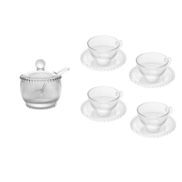 Imagem de Combo 4 Xícaras 180 Ml Com Pires + 1 Açucareiro Pearl Bolinha Wolff Transparente