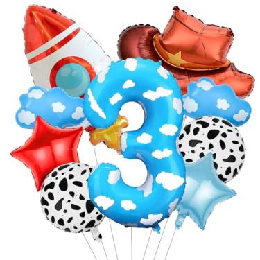 Imagem de Decorações temáticas de brinquedo, 9 peças de balões de nuvem azul céu com estampa de vaca com balão de foguete e chapéu de caubói para crianças inspiradas em decorações de festa de 3º aniversário (3º