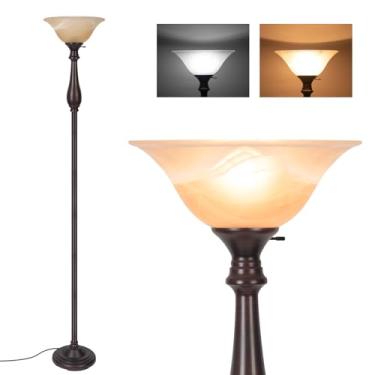 Imagem de HonoDing Luminária De Chão Torchiere Para Sala Estar, Pé, Com Cúpula Vidro, Luminárias Níquel Escovado, Canto Quarto, Escritório, Leitura (Marrom Escuro)