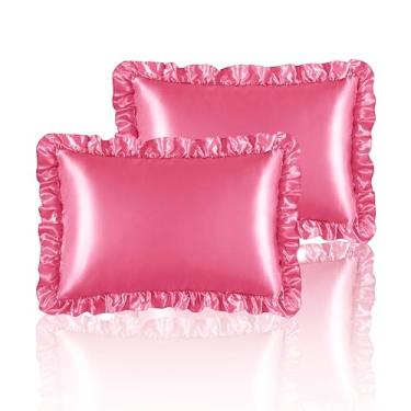 Imagem de HommxJF Fronhas De Cetim Sedoso Com Babados Para Cabelo E Pele, Conjunto 2 Seda Vermelha Pêssego Fecho Envelope Quarto Princesa