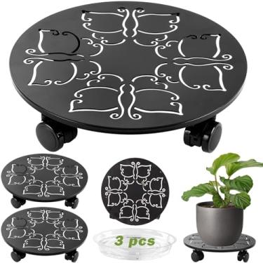 Imagem de DEELF OUTLET Pacote Com 3 Unidades De 12" Metal Grande Para Plantas Rodas, Carrinho Redondo Vasos, Transporte Suportes Ferro Forjado Áreas Internas E Externas, Suporte Descanso Copo, Borboleta, Pret