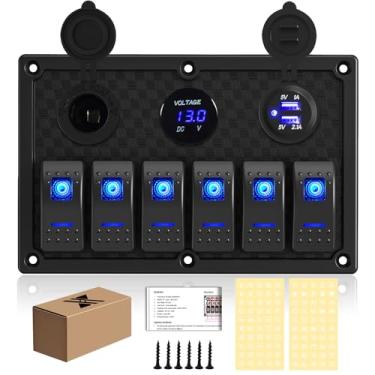 Imagem de Painel de interruptor de balancim de barco marítimo, à prova d'água 12/24 V 6 grupos com dois compartimentos USB soquete 10/15 A + luz LED azul adequado para lâmpadas de controle de caminhão de carro e veículo Ventilador de escape de máquina de lavar