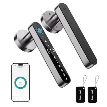 Imagem de Fechadura de porta inteligente com impressão digital, fechadura biométrica com alça, fechadura de porta de entrada sem chave com teclado, fechadura eletrônica para Airbnb, casa (cinza + preto)