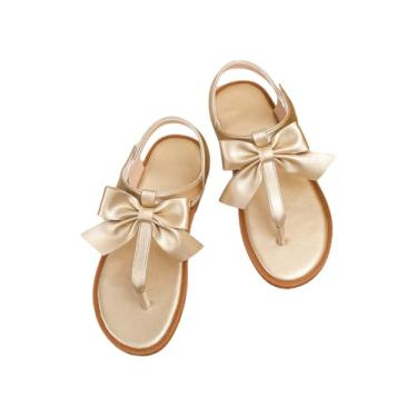 Imagem de GORGLITTER Sandália feminina com laço e laço metálico dourado tira no tornozelo, dedo do pé deslizante, sapatos pós-férias, Dourado, 17