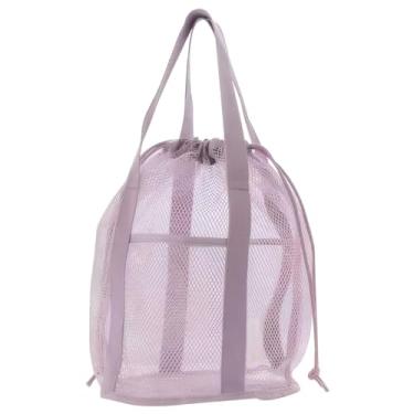 Imagem de Bolsa infantil de praia com cordão dobrável para brinquedos de praia com 2 bolsos frontais, bolsa de malha para piscina, cordão para brinquedos, toalha, chinelos de dedo roxo claro bolsas de malha com