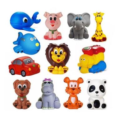 Imagem de Kit Com 12 Brinquedos De Vinil Para Bebê Maralex - Leão, Elefante, Gir
