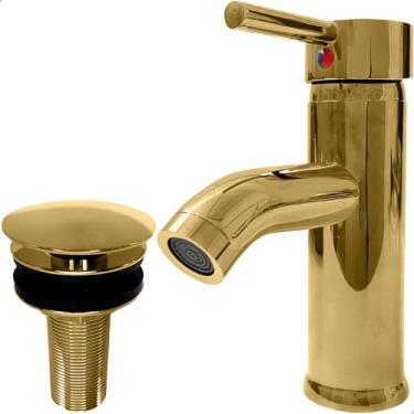 Imagem de Dona D Cor, Torneira Dourada Baixa Pia Banheiro e Valvula Click 7/8 Inox Kit Lavabo Gold Luxo Torneira Monocomando Misturador Ralo Escoamento 40mm