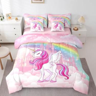 Imagem de Feelyou Conjunto de edredom infantil de unicórnio fofo com lençol solteiro, castelo, 7 peças, princesa, sonhadora, arco-íris, 7 peças