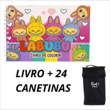 Imagem de Kit Livro Labubu Colorir Capa Dura Rosa + Estojo Canetinhas 24 Cores -