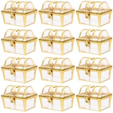 Imagem de Veemoon 12 peças mini baú de tesouro a granel, caixas de lembrancinha de casamento caixas de tesouro de plástico para decorações de festa de casamento, Natal, Halloween, dourado