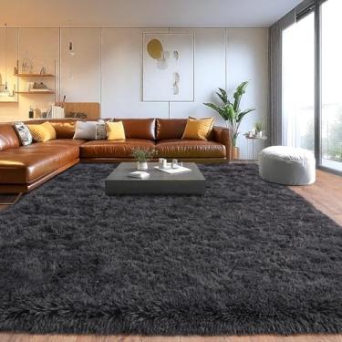 Imagem de Tapete de pelúcia extragrande de pelo alto para sala de estar, grande tapete felpudo antiderrapante, tapetes macios e macios para quarto, decoração de casa moderna, carvão, 2,7 x 3,7 m