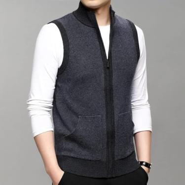 Imagem de Cardigã De Gola Alta De Malha De Meia-idade Para Homens - Colete De Suéter Sem Mangas Com Zíper De Negócios Quente Robusto, Casual Clássico Slim Básico Colete De Malha Top De T, As Shown, L