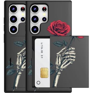 Imagem de MUQR Capa compatível com Samsung Galaxy S23 Ultra com suporte de cartão fofo - Design Kawaii, proteção contra quedas de nível militar, capa carteira robusta para mulheres (esqueleto preto caveira rosa