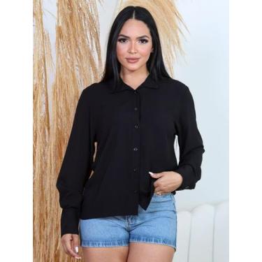Imagem de Camisa Social Feminina Manga Longa Comprida - Rezes Moda, Preto, P