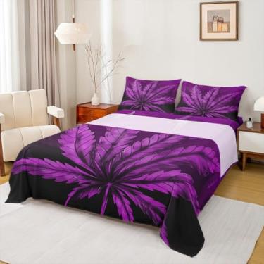 Imagem de Jogo de lençol King com maconha, folhas de cannabis, decoração de quarto de meninas e adultos, arbustos pintados à mão, roxo, romântico, 4 peças (elástico + plano + 2 fronhas)