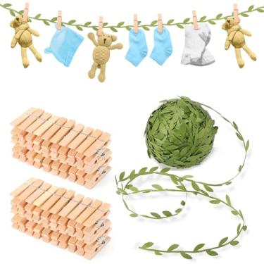 Imagem de Leinuosen 101 peças de fita de folha com mini prendedores de roupa de 3 cm para foto, linha de folhas de videiras artificiais e clipes de imagem de madeira para decoração de festa de aniversário de