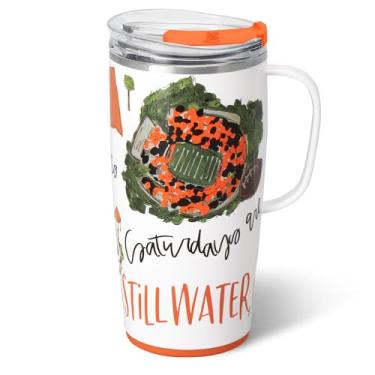 Imagem de Swig Life Caneca de viagem de 623 g, copo isolado com alça e tampa, caneca de café de viagem, compatível com porta-copos, copo de aço inoxidável de 623 g, reutilizável isolado com tampa (sábados em