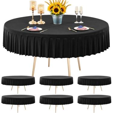 Imagem de Pacote com 6 toalhas de mesa pretas redondas de elastano para mesas de 180 cm, toalha de mesa elástica com saia, sem vincos, para festa de aniversário, formatura e decoração de casa
