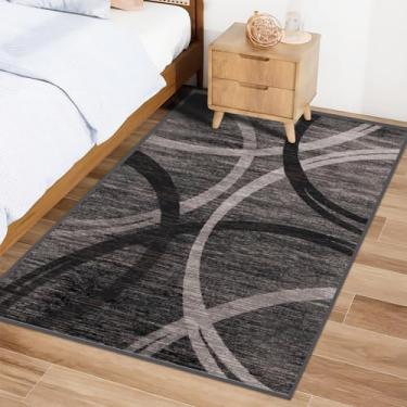 Imagem de Tapetes laváveis 3 × 5, tapete geométrico moderno abstrato pequeno tapete de alto tráfego para sala de estar, escritório, quarto e sala de jantar antiderrapante, cinza