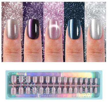 Imagem de Vansiho 150 peças de unhas curtas quadradas de pressão de olho de gato, pontas de unhas brilhantes com glitter para mulheres, unhas postiças de gel macio para mulheres e meninas, pontas de unhas
